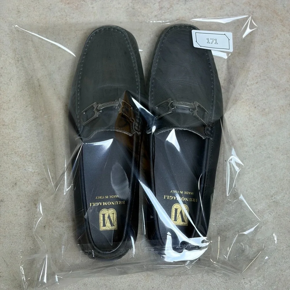 Bruno Magli Xavier Mens Loafers 8.5 Black Leather Moc Toe Slip On Shoes Italy